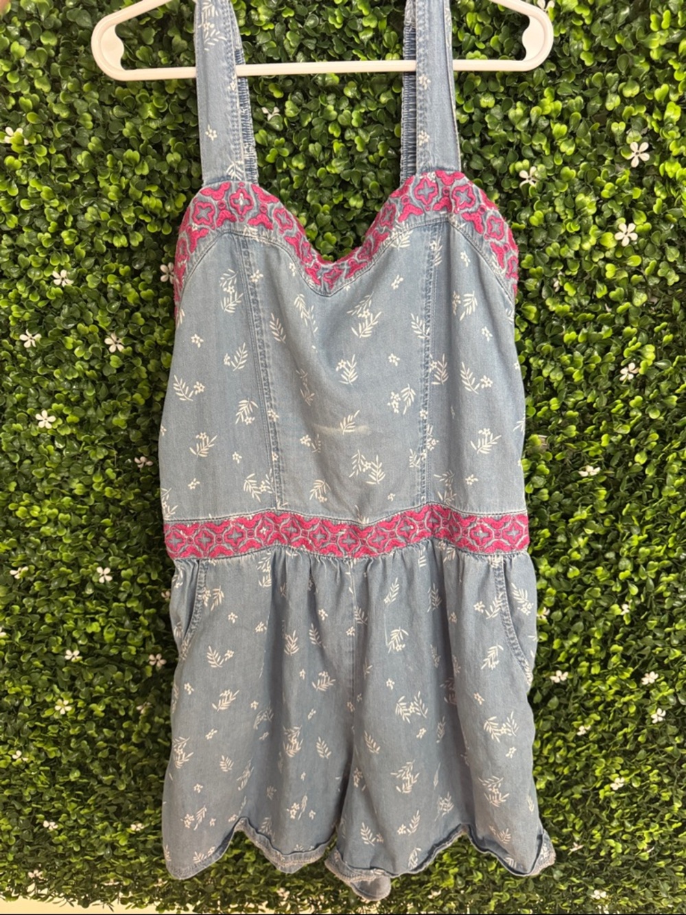 abercrombie kids Light Blue Floral Romper with Pink Trim
